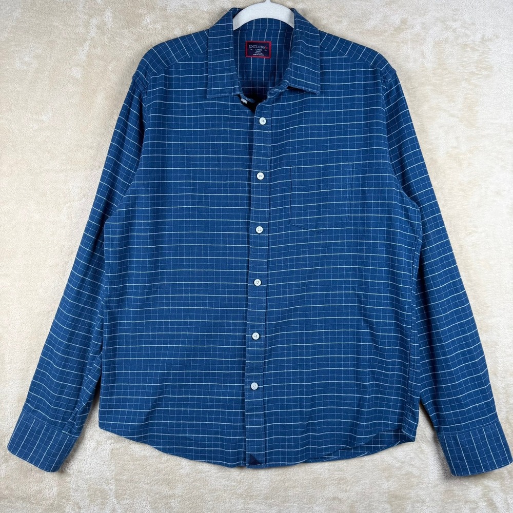 UNTUCKit Mens L‎ Slim Fit Blue White Grid Thick Cotton Long Sleeve Button Down